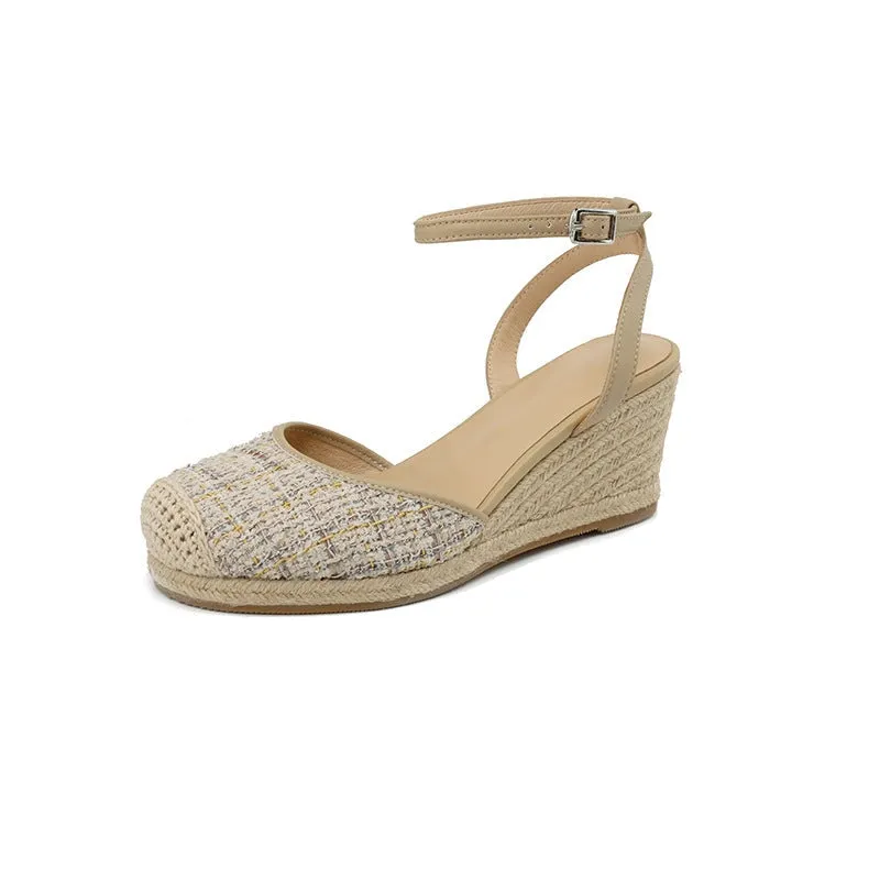 60mm Slingback Espadrille-Wedge Leather Sandals Ankle Strap in Apricot/Golden