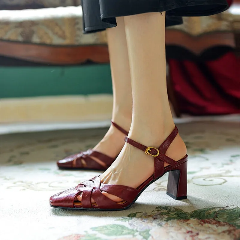 70mm Women's Leather Woven Pumps Sandals Square Toe Retro Heels