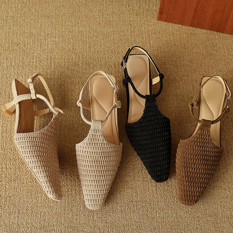 Almond Toe Woven Sheepskin Slingback Kitty Heel Sandals Ankle Strap in Black/Apricot/Brown