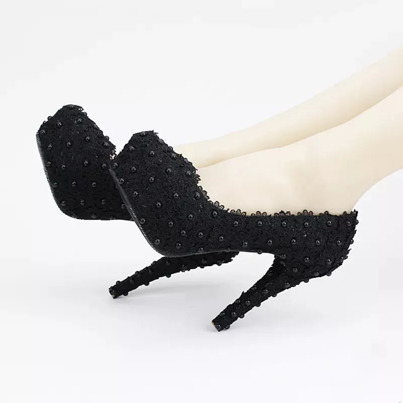 Black Lace and Pearl Woman Wedding Shoes