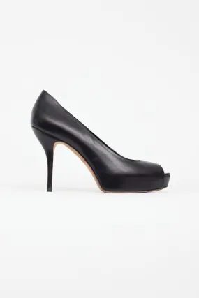 Black Leather Peep Toe Heel