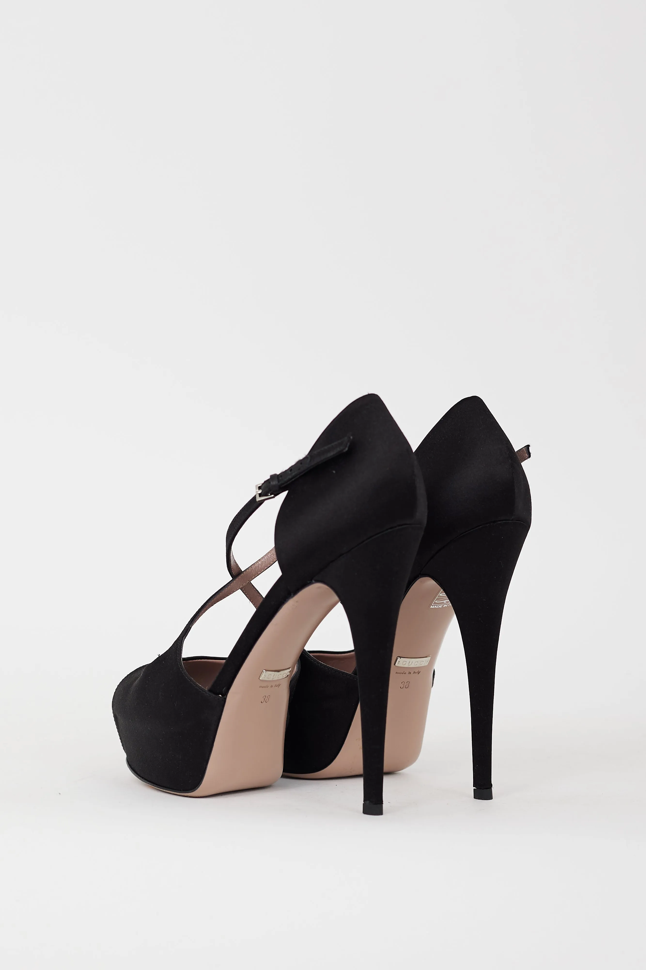 Black Satin Strappy Peep Toe Heel