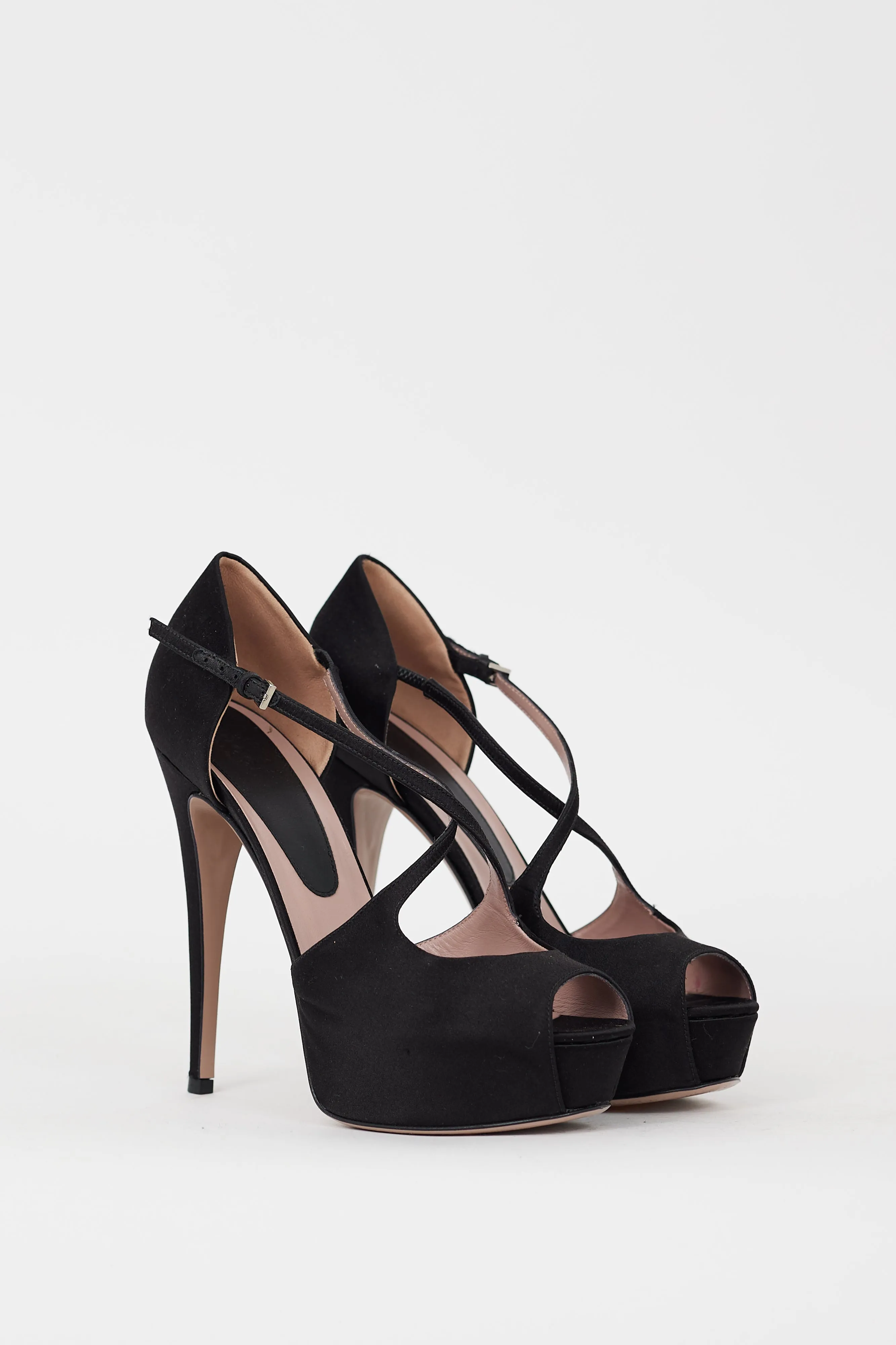 Black Satin Strappy Peep Toe Heel
