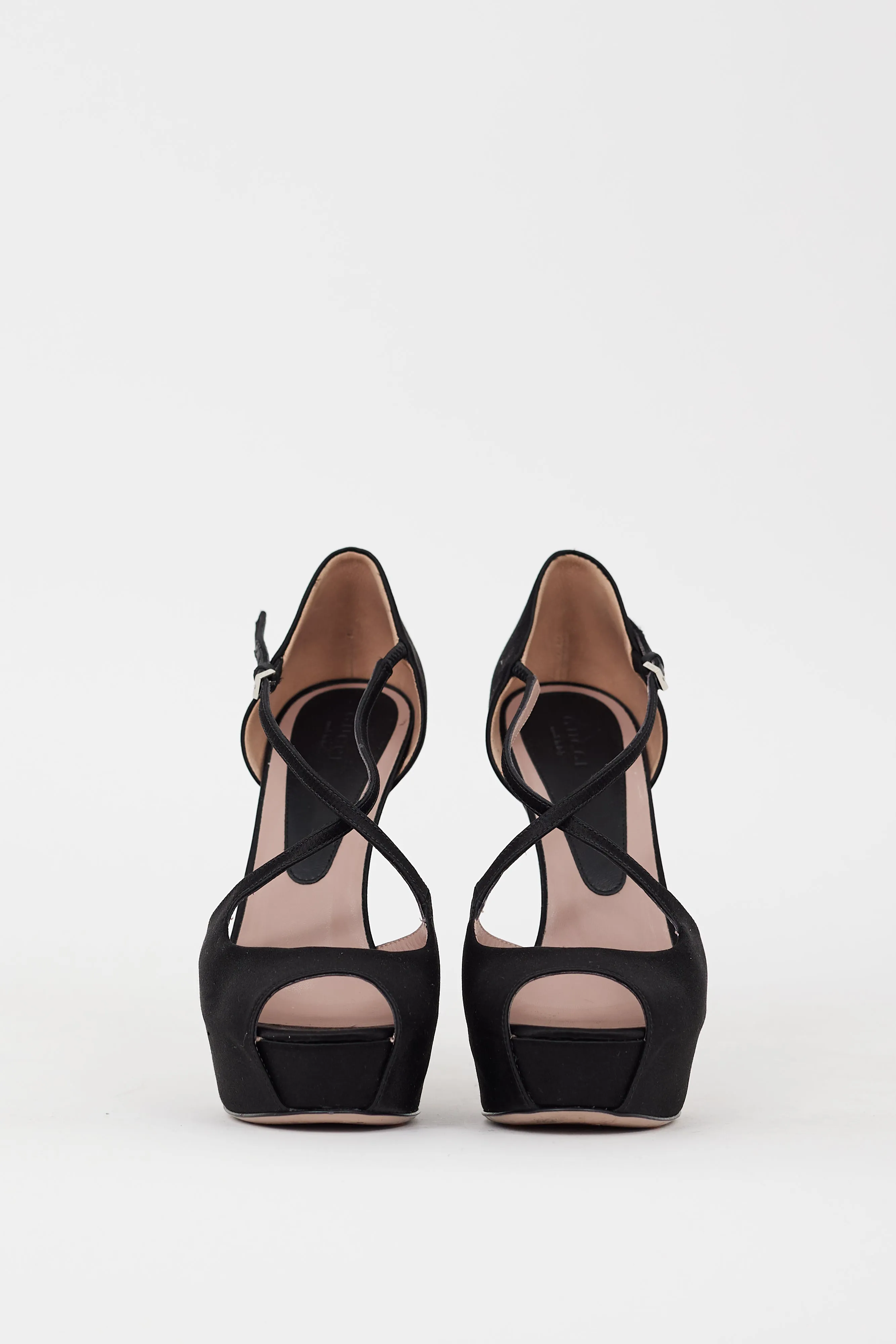 Black Satin Strappy Peep Toe Heel