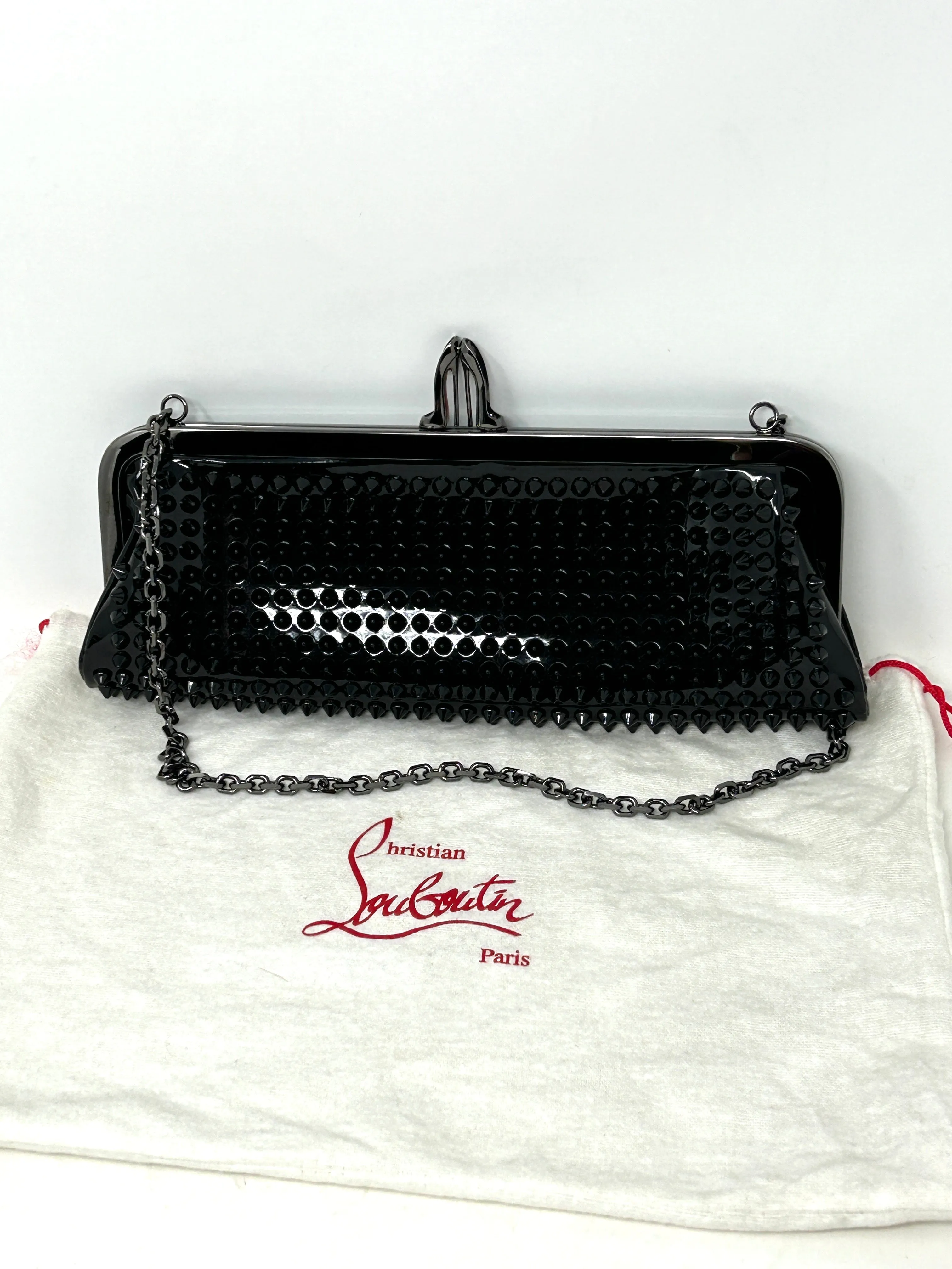 Christian Louboutin Miss Loubi Black Patent Leather Spiked Frame Clutch Bag