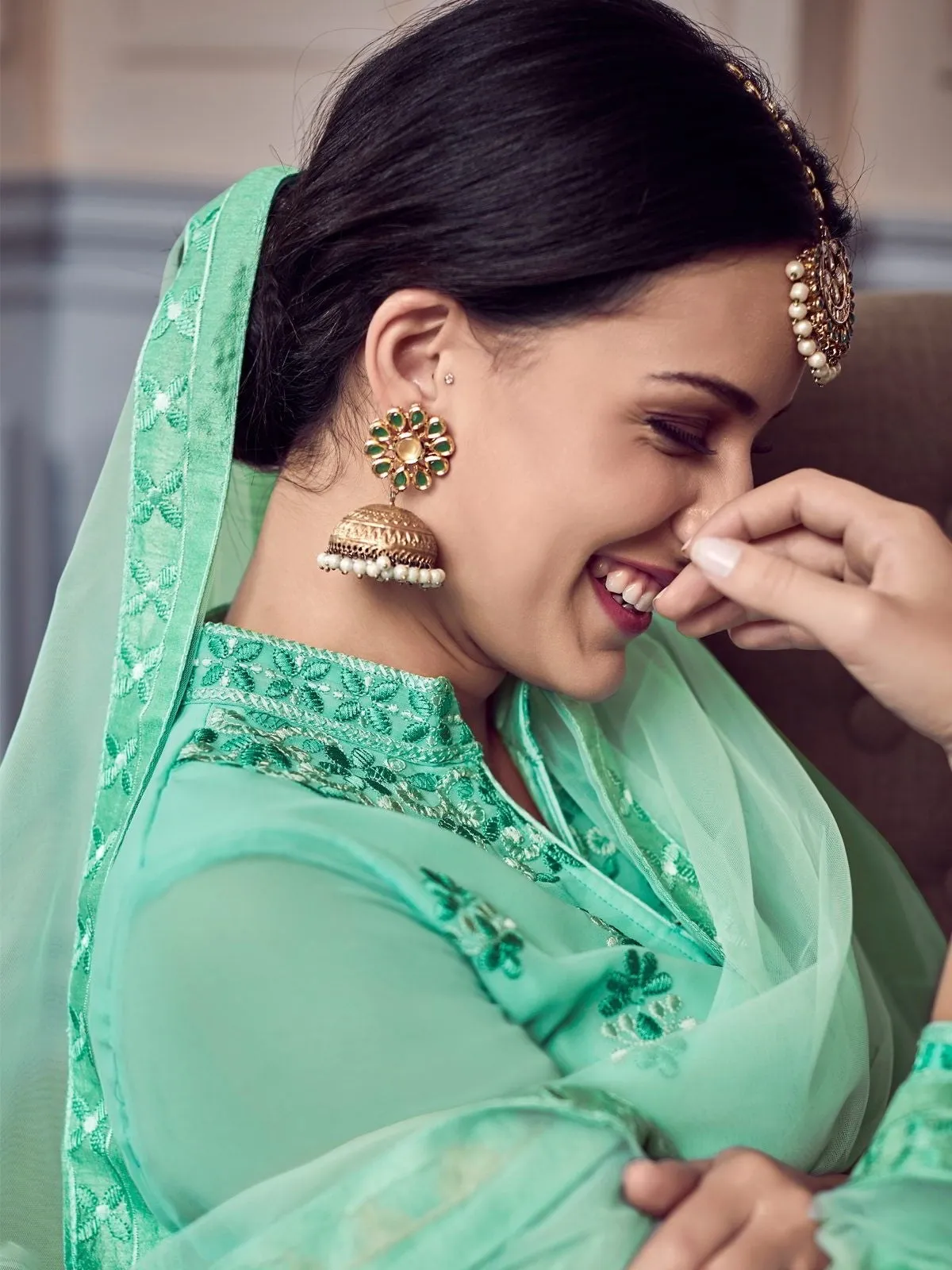 Green Glam Chikankari Embroidered Anarkali Suit