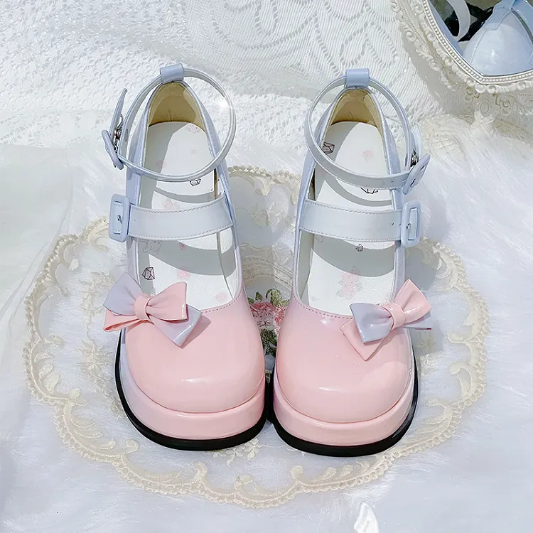 Pink-blue Gradient Detachable Bowknot Platform High Block Heels Lolita Shoes