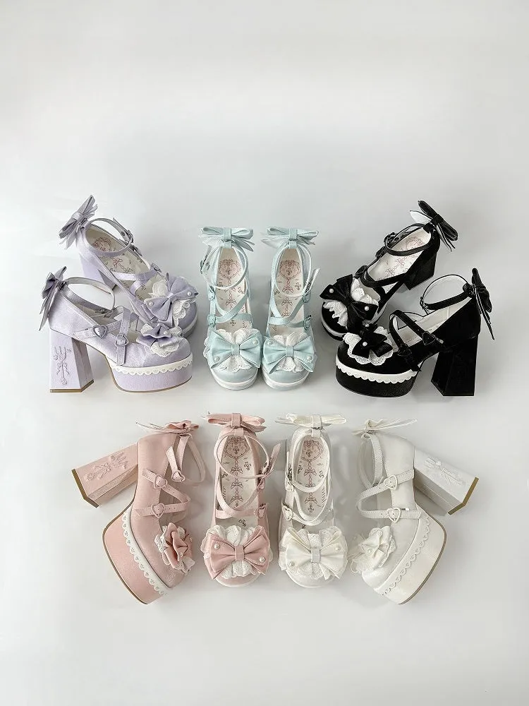Pink Lolita Lace Bowknot Buckle Straps Fork Embroidery Platform Block High Heels