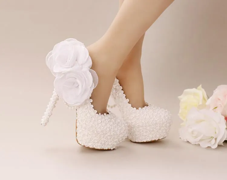 Pointed Toe Lace Pearls Wedding Shoes With Handmade Flowers, SY0127