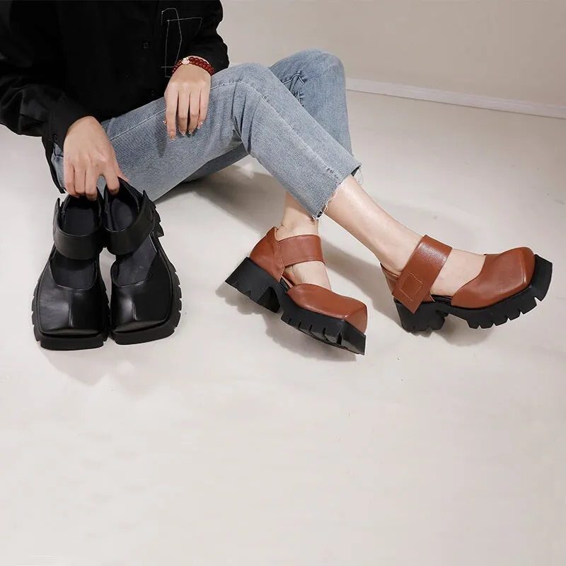 Retro Leather 50mm Platform Mary Jane Sandals For Women in Brown/Black