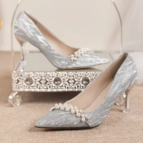 Shiny Glitter High Heels Pumps Women 2023 Autumn Luxury Pearl Stiletto Heeled Designer Shoes Woman Pointed Toe Silver Party Shoe