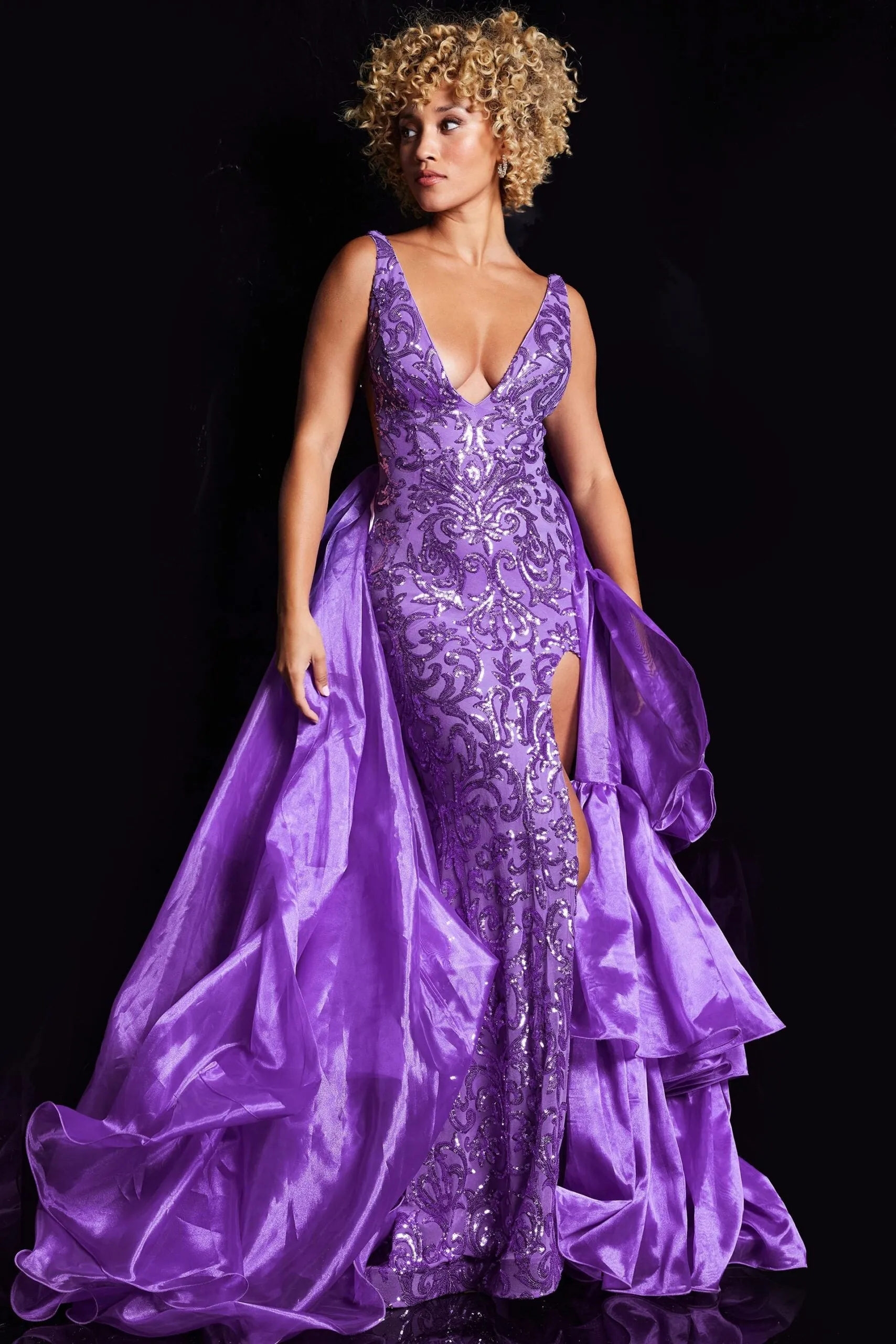 Sleeveless Ruffled Overskirt Slit Gown by Jovani 38336