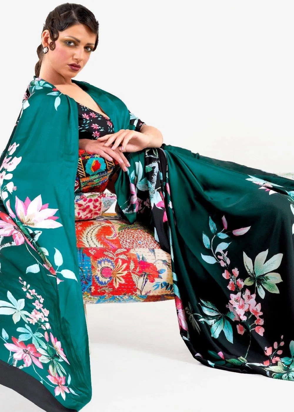 Teal Green Digital Printed Satin Crepe Saree | Stitched Blouse