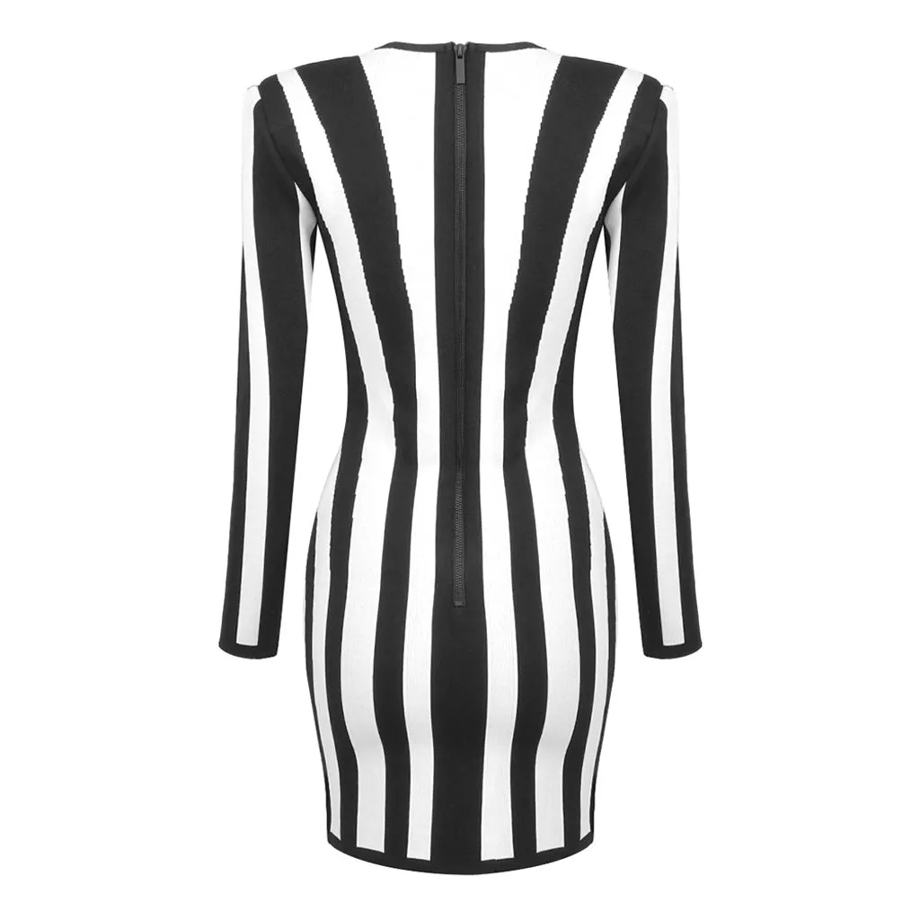 Vintage Sweetheart Long Sleeve Striped Jacquard Bandage Mini Party Dress