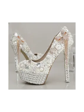 Women's Wedding Shoes Rhinestone Crystal Imitation Pearl Bowknot Tassel Stiletto High Heel Platform Closed Toe Bridal Shoes