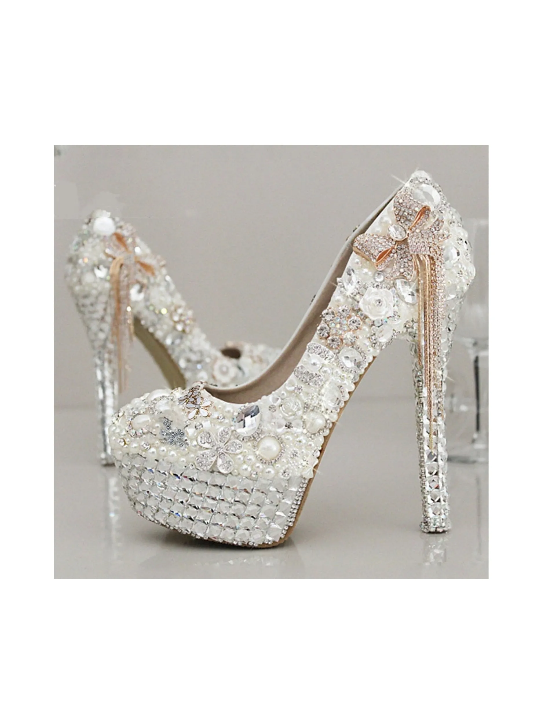 Women's Wedding Shoes Rhinestone Crystal Imitation Pearl Bowknot Tassel Stiletto High Heel Platform Closed Toe Bridal Shoes